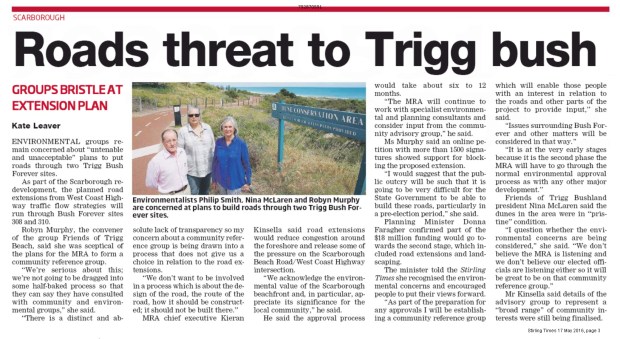 Stirling Times 160517 p3 Roads Threat to Trigg Bush