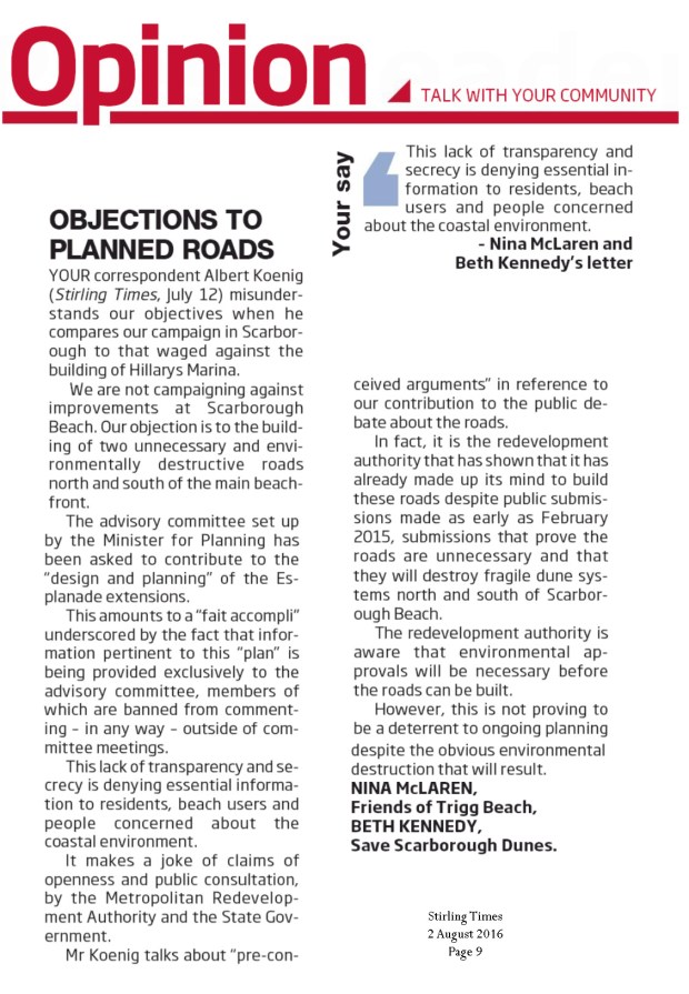 Stirling Times 160802 p9 Objections to Planned Roads